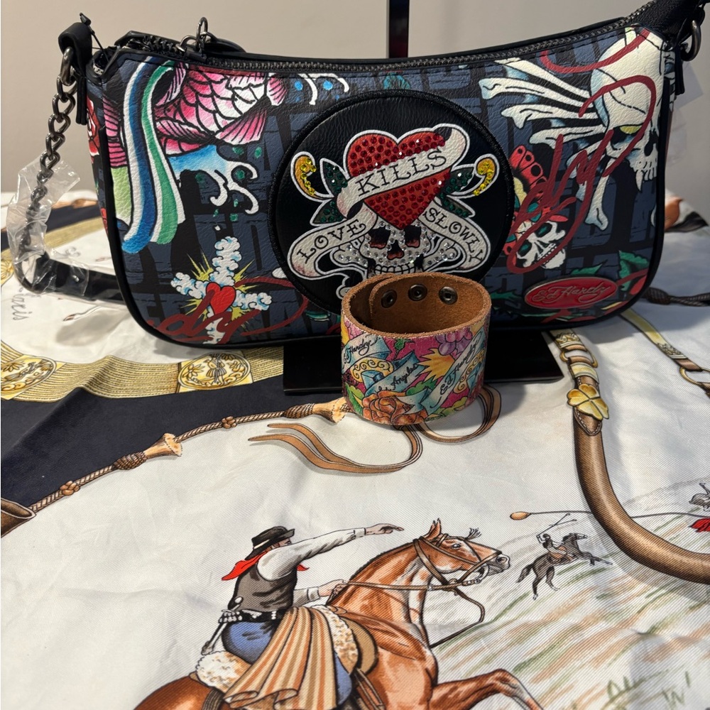 Ed Hardy Graphic Designed Handbag, NWT and Leather Cuff Bracelet, Preowned